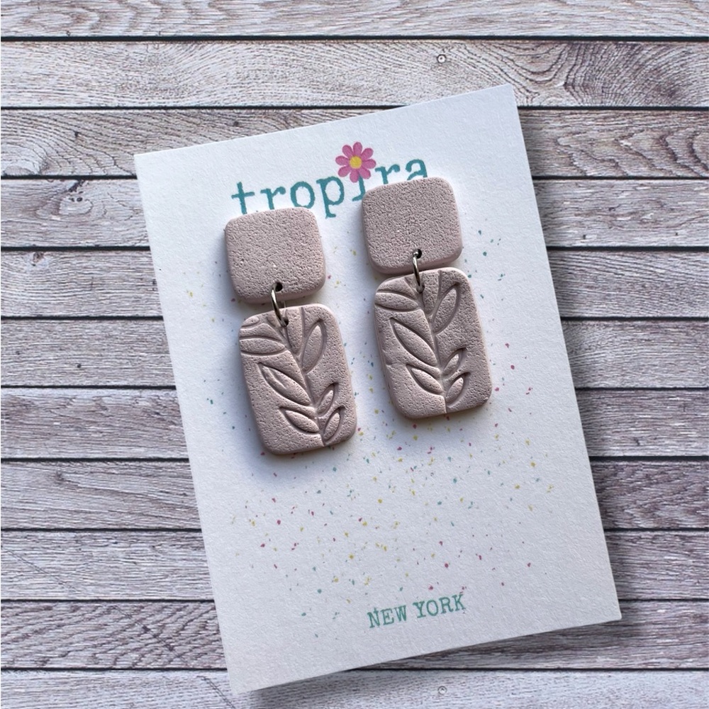 Cream Leaf Floral Stencil Design Polymer Clay Earrings